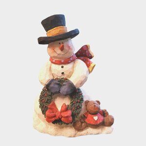 Cute Snowman w/ Teddy Bear Wreath Holiday Display Resin Figurine Frosty Xmas 7.5
